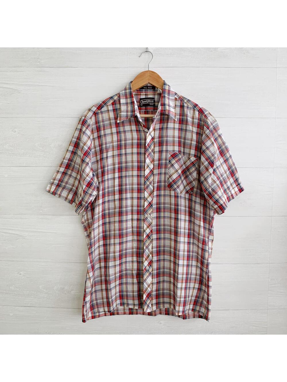 Vintage Sears Sportswear Red Gray Plaid Short Sleeve Shirt Mens L Tall Easy Care
